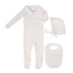 Little Parni Pink Pointelle Collar Footie + Bonnet + Bib (K656)
