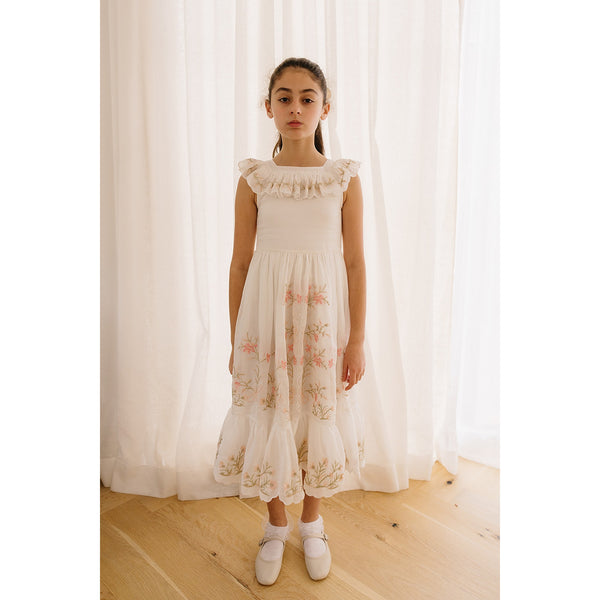 Petite Amalie Off White Heirloom Embroidered Linen Dress