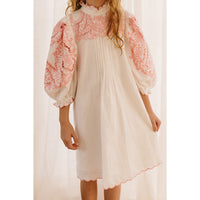 Petite Amalie White/Pink Embroidered Sleeve Linen Smock Dress