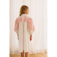 Petite Amalie White/Pink Embroidered Sleeve Linen Smock Dress