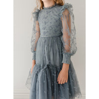 Petite Amalie Steel Blue Flocked Velvet Tulle Dress