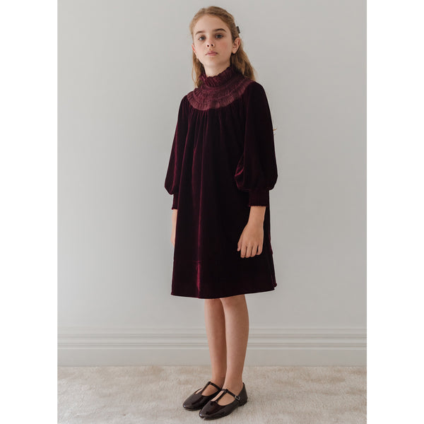 Petite Amalie Burgundy Velvet Shirred Organza Dress