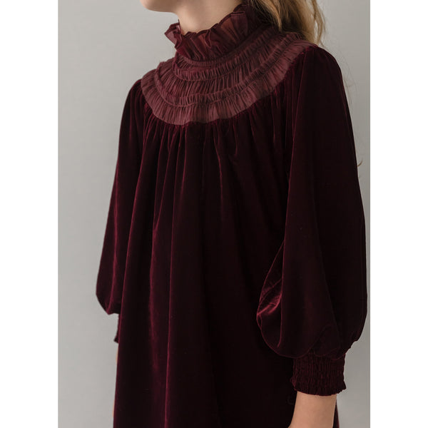 Petite Amalie Burgundy Velvet Shirred Organza Dress