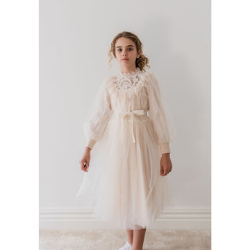 Petite Amalie Cream French Lace Tulle Midi Dress (pink tint)