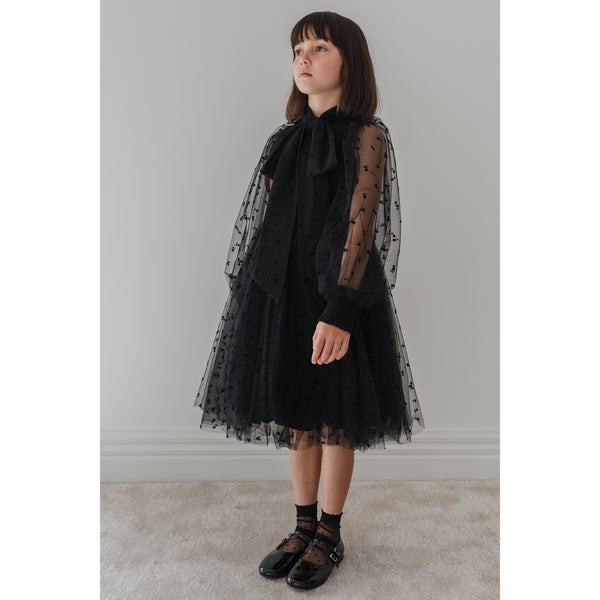 Petite Amalie Black Rose Flocked Mesh Bow Dress