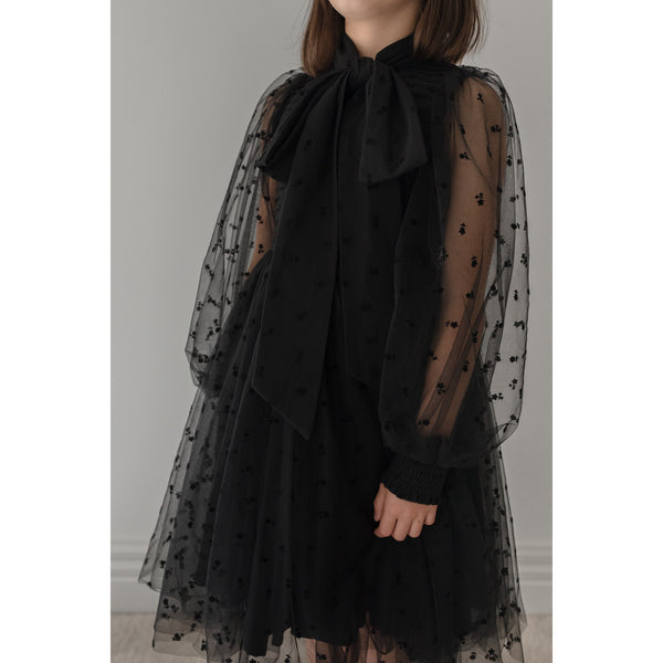 Petite Amalie Black Rose Flocked Mesh Bow Dress