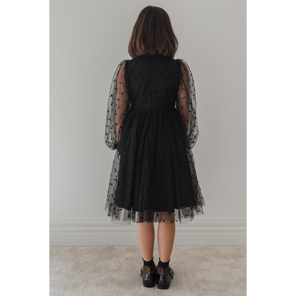 Petite Amalie Black Rose Flocked Mesh Bow Dress