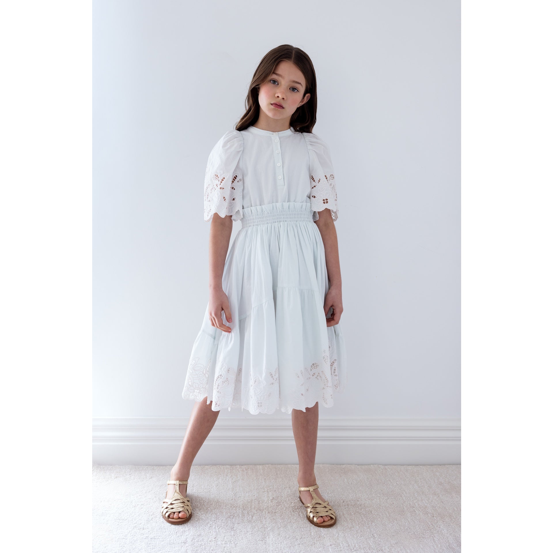 Petite Amalie Light Blue/Ivory Shirred Embroidered Dress | Buttons Bebe Petite Amalie Light Blue/Ivory Shirred Embroidered Dress | Buttons Bebe