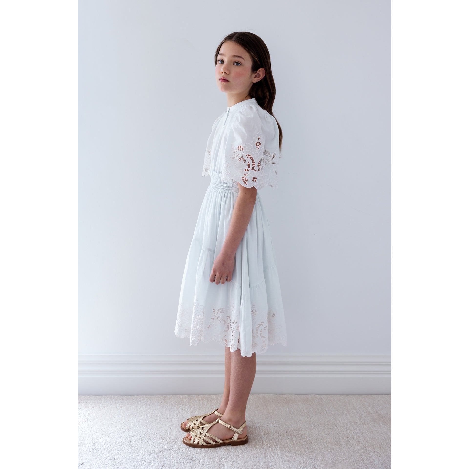 Petite Amalie Light Blue/Ivory Shirred Embroidered Dress | Buttons Bebe Petite Amalie Light Blue/Ivory Shirred Embroidered Dress | Buttons Bebe