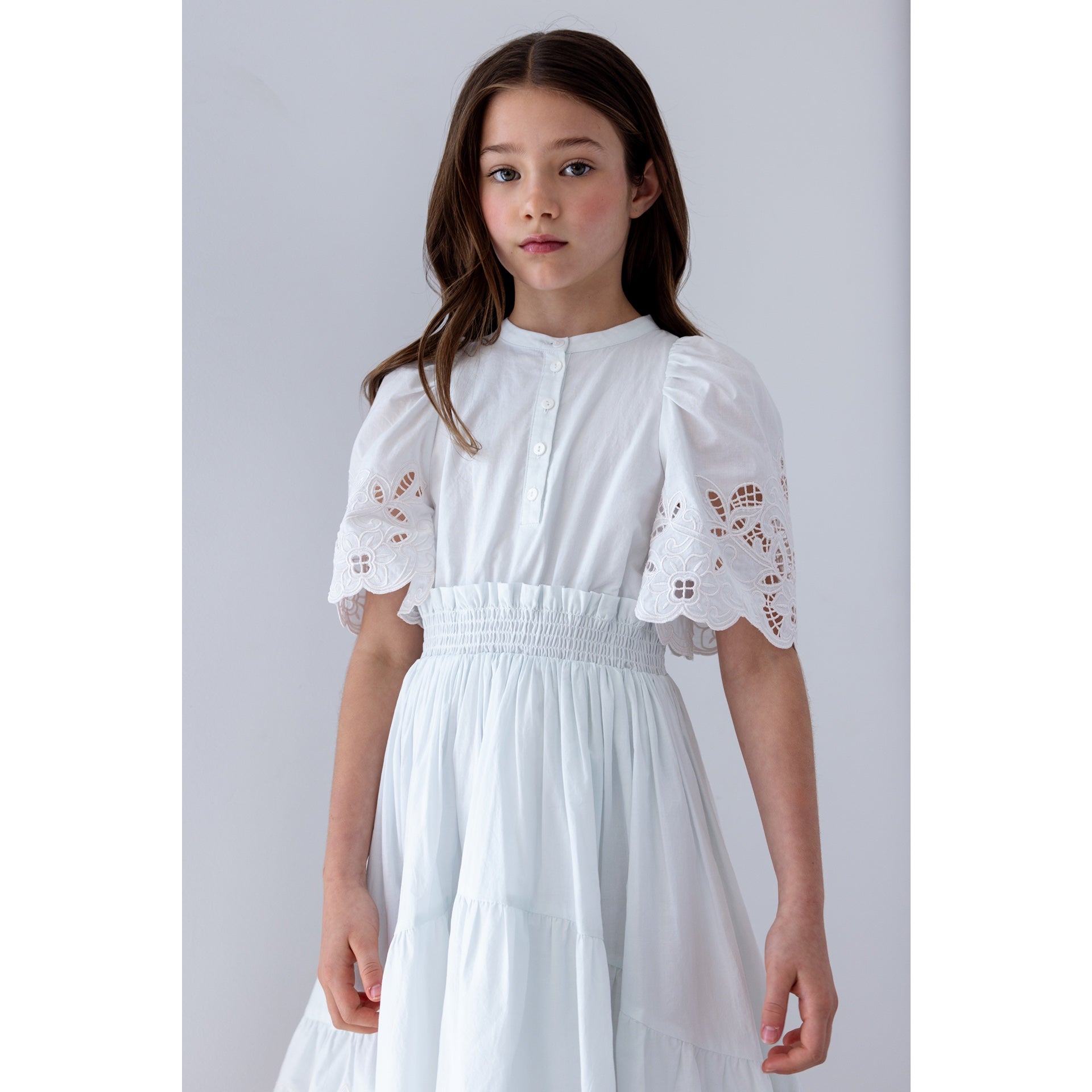 Petite Amalie Light Blue/Ivory Shirred Embroidered Dress | Buttons Bebe Petite Amalie Light Blue/Ivory Shirred Embroidered Dress | Buttons Bebe