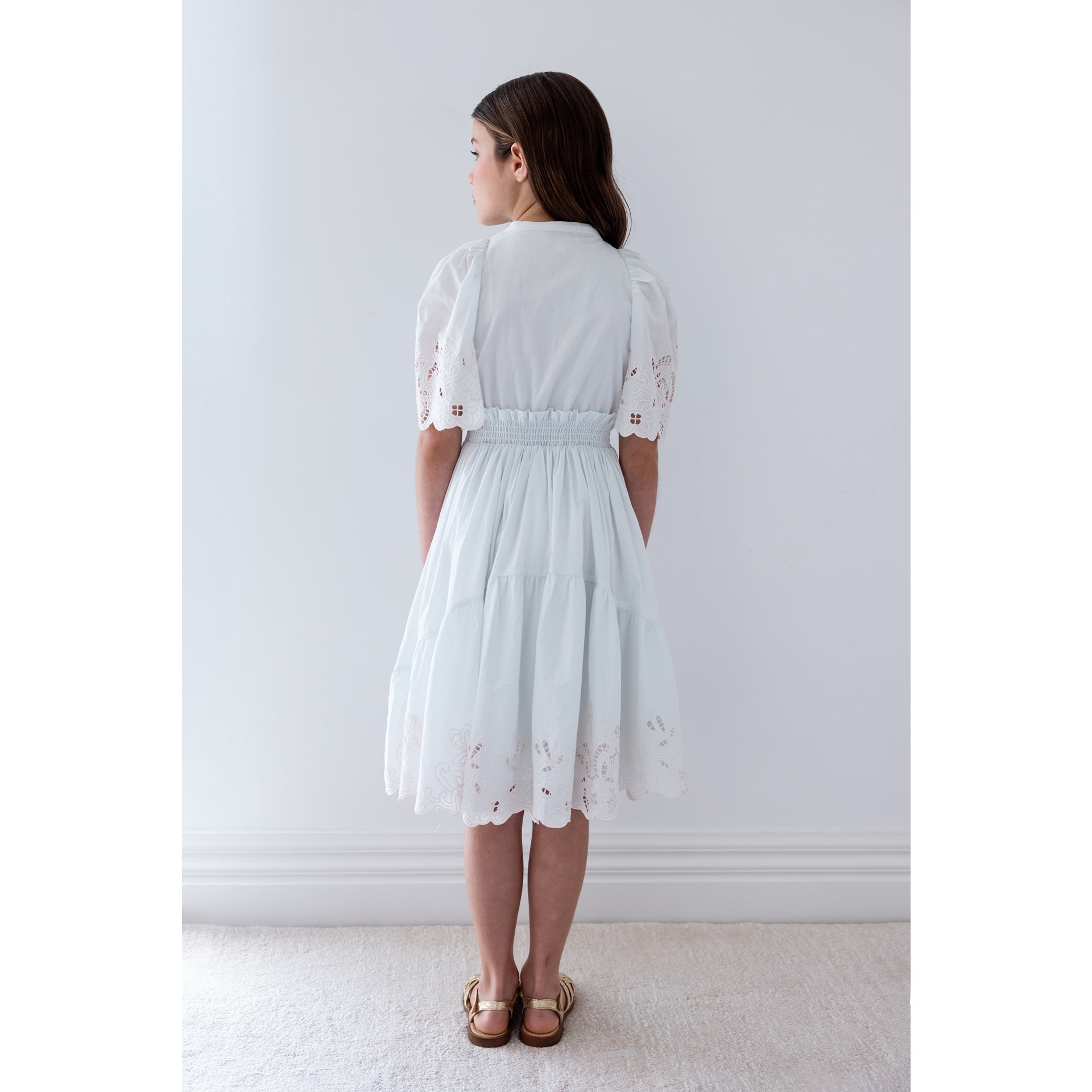 Petite Amalie Light Blue/Ivory Shirred Embroidered Dress | Buttons Bebe Petite Amalie Light Blue/Ivory Shirred Embroidered Dress | Buttons Bebe
