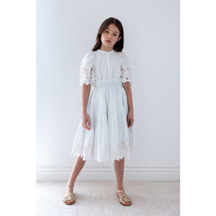 Petite Amalie Light Blue/Ivory Shirred Embroidered Dress