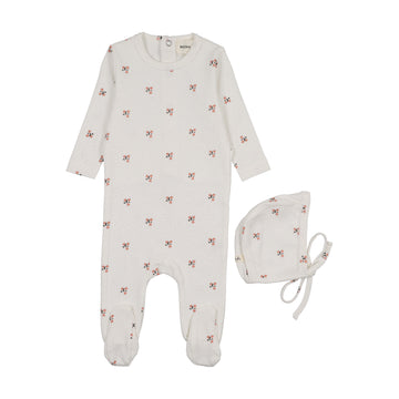 Mema Knits Printed Snap Back Footie + Bonnet - Coral Floral Print