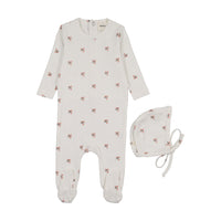 Mema Knits Printed Snap Back Footie + Bonnet - Coral Floral Print