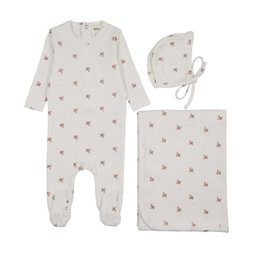 Mema Knits Printed Snap Back Footie Three Piece Set - Coral Floral Print