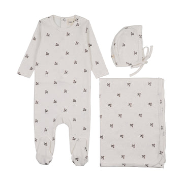 Mema Knits Printed Snap Back Footie Three Piece Set - Blue Floral Print