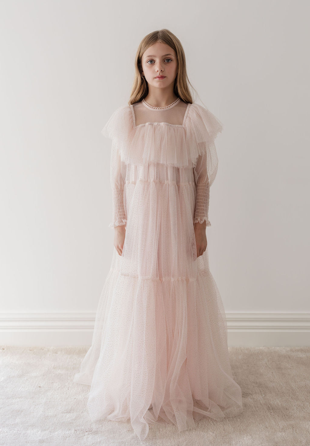 Gold by Petite Amalie White Glitter Tulle Gown | Buttons Bebe Gold by Petite Amalie White Glitter Tulle Gown | Buttons Bebe