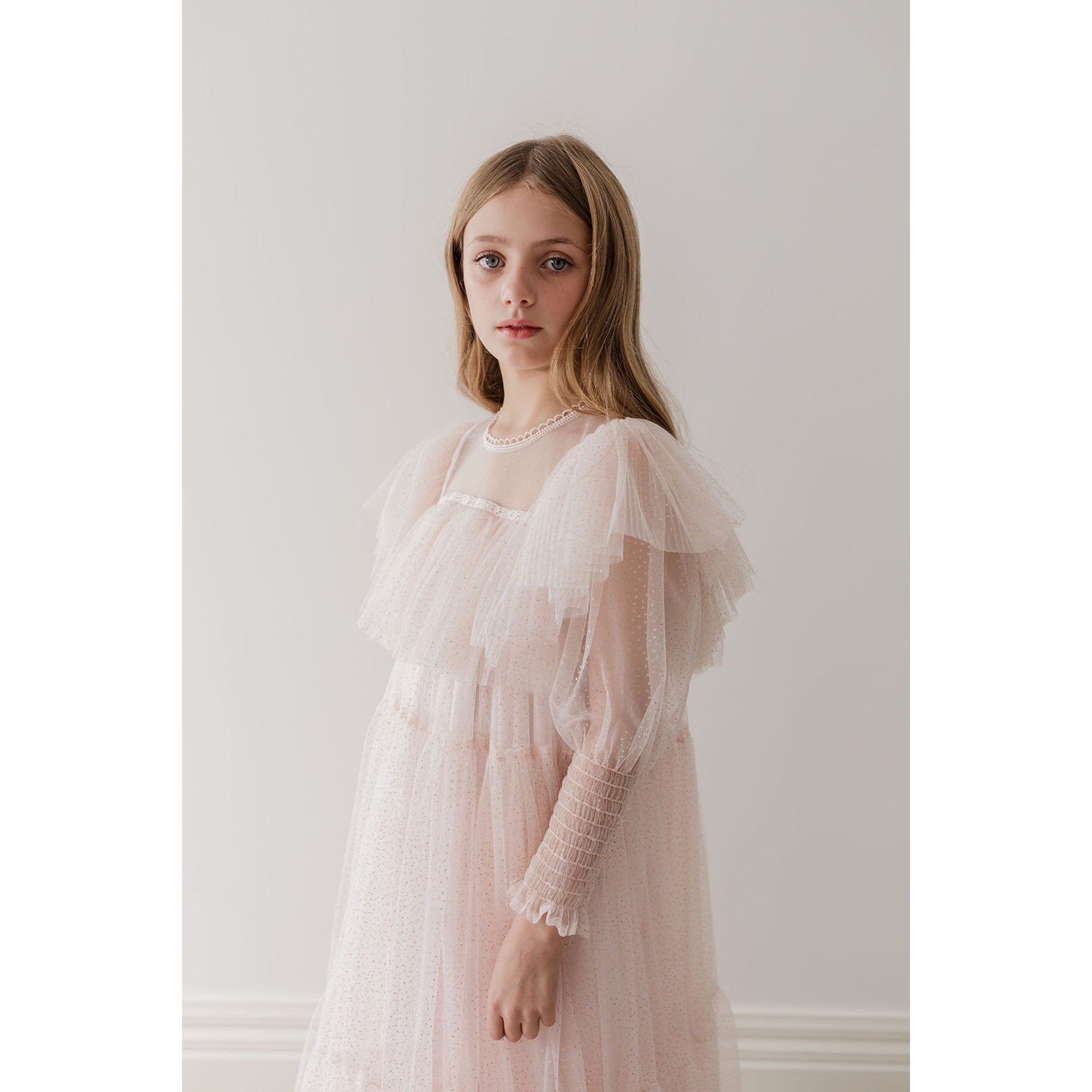 Gold by Petite Amalie White Glitter Tulle Gown | Buttons Bebe Gold by Petite Amalie White Glitter Tulle Gown | Buttons Bebe