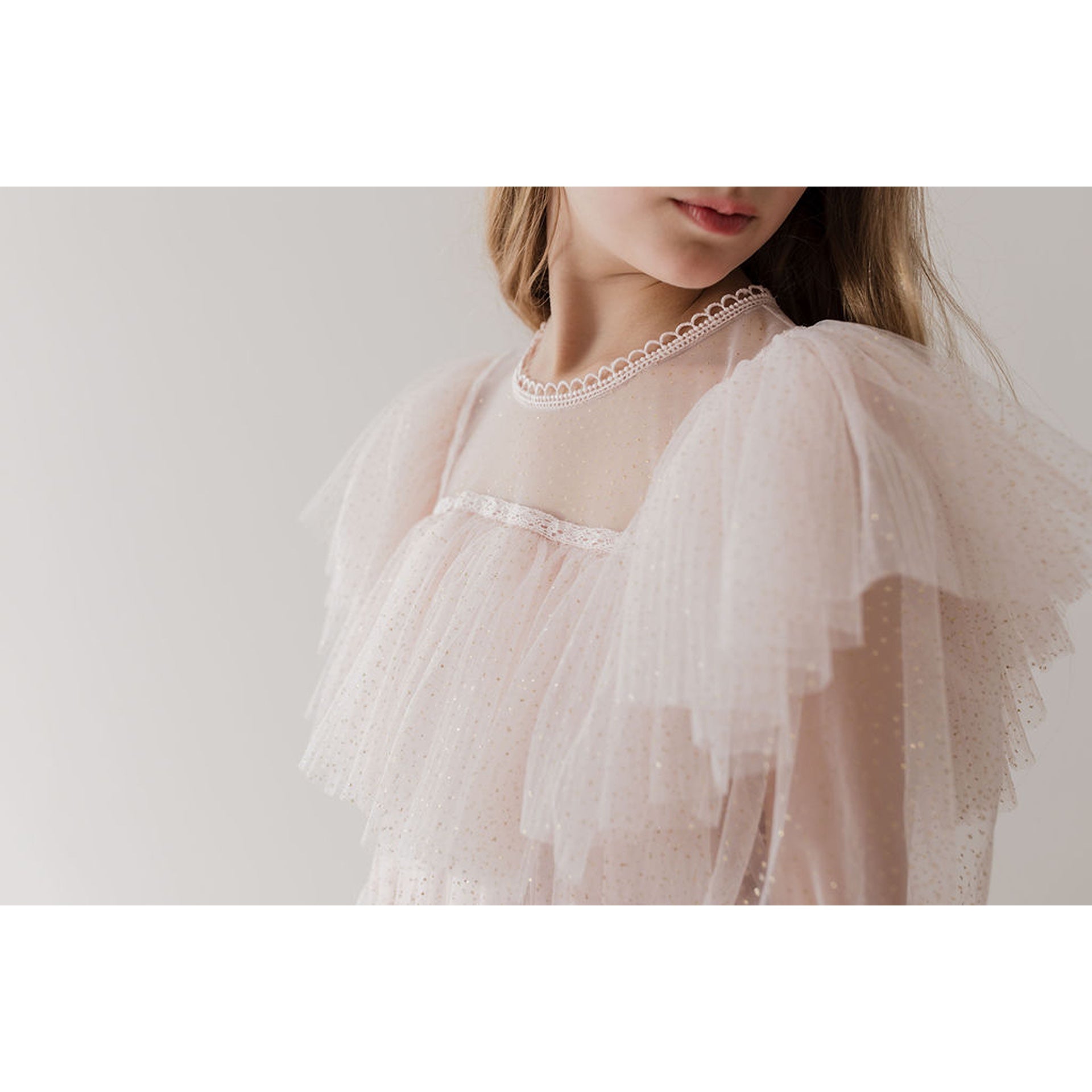 Gold by Petite Amalie White Glitter Tulle Gown | Buttons Bebe Gold by Petite Amalie White Glitter Tulle Gown | Buttons Bebe