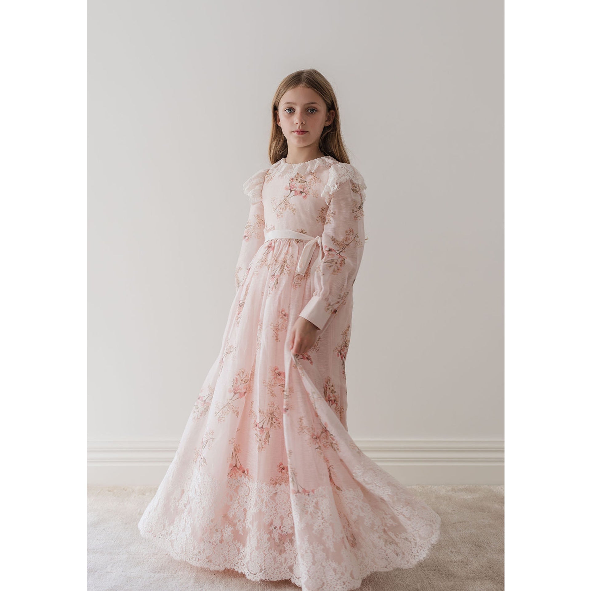 Gold by Petite Amalie Blush Orchid Print Silk Gown | Buttons Bebe Gold by Petite Amalie Blush Orchid Print Silk Gown | Buttons Bebe