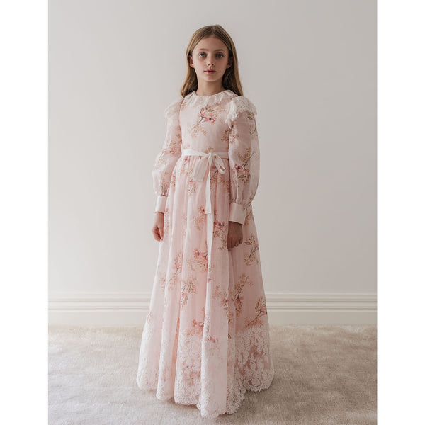 Gold by Petite Amalie Blush Orchid Print Silk Gown | Buttons Bebe Gold by Petite Amalie Blush Orchid Print Silk Gown | Buttons Bebe