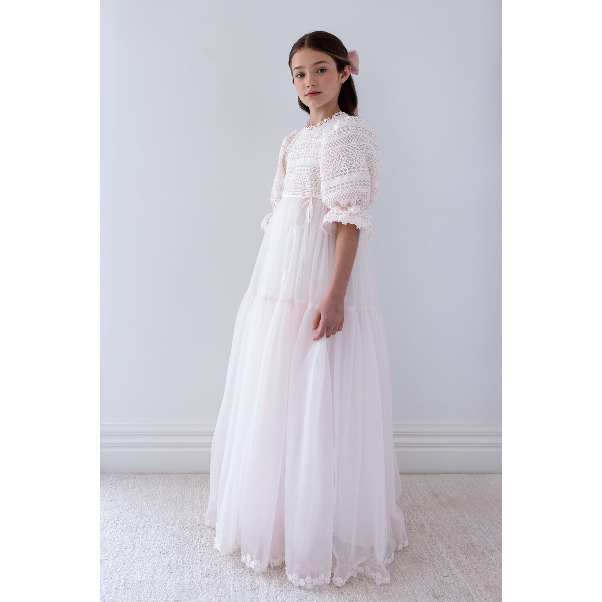 Petite Amalie Ice Pink Daisy Chain Lace Bodice Gown (1419)- LONG TILL | Buttons Bebe Petite Amalie Ice Pink Daisy Chain Lace Bodice Gown (1419)- LONG TILL | Buttons Bebe
