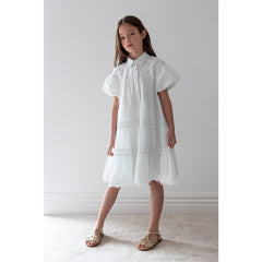 Petite Amalie Elbow Slv Whisper Blue Lace Hem Shirt Dress