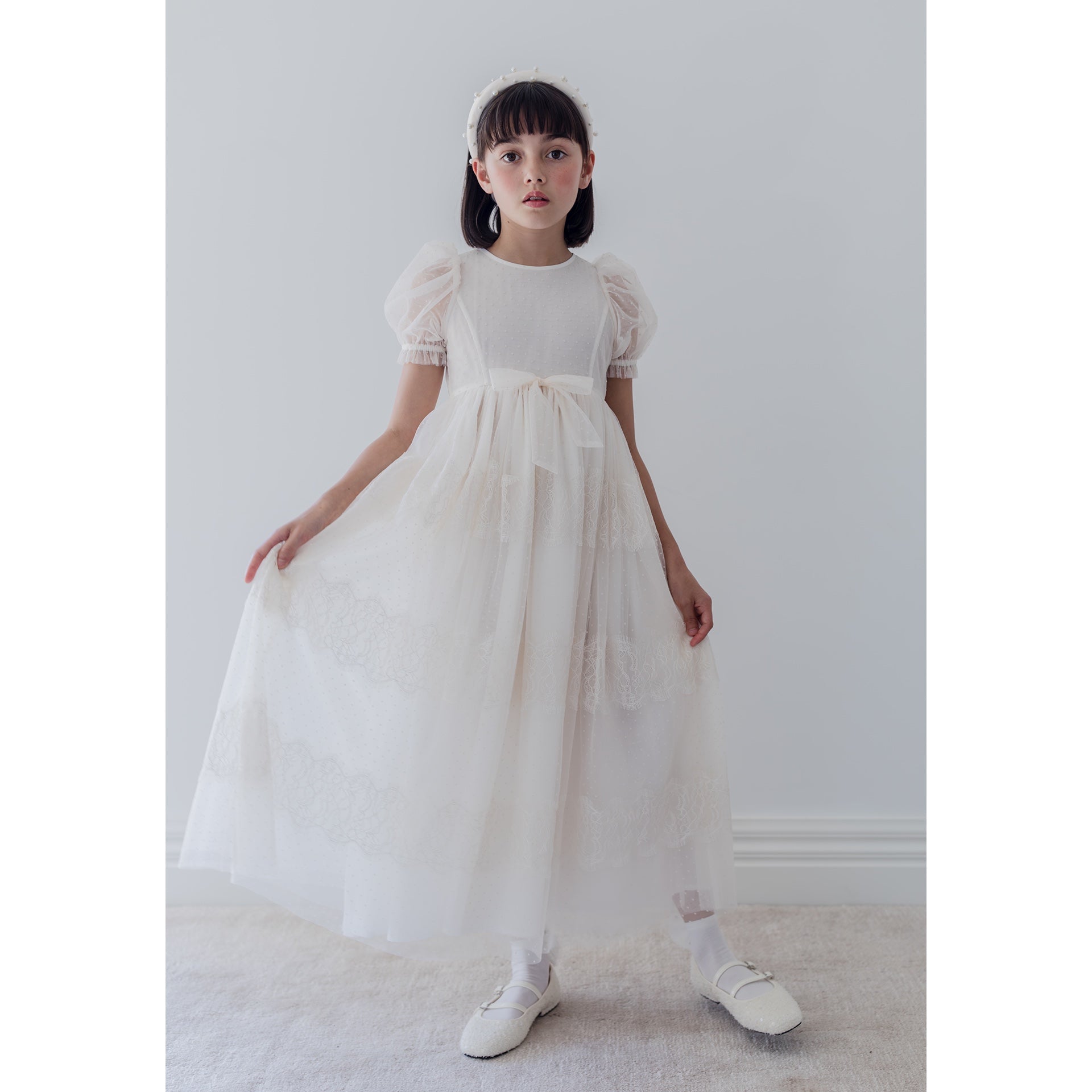 Petite Amalie Cream Flocked Spot Tulle Dress With French Lace 1433 Petite Amalie Cream Flocked Spot Tulle Dress With French Lace 1433