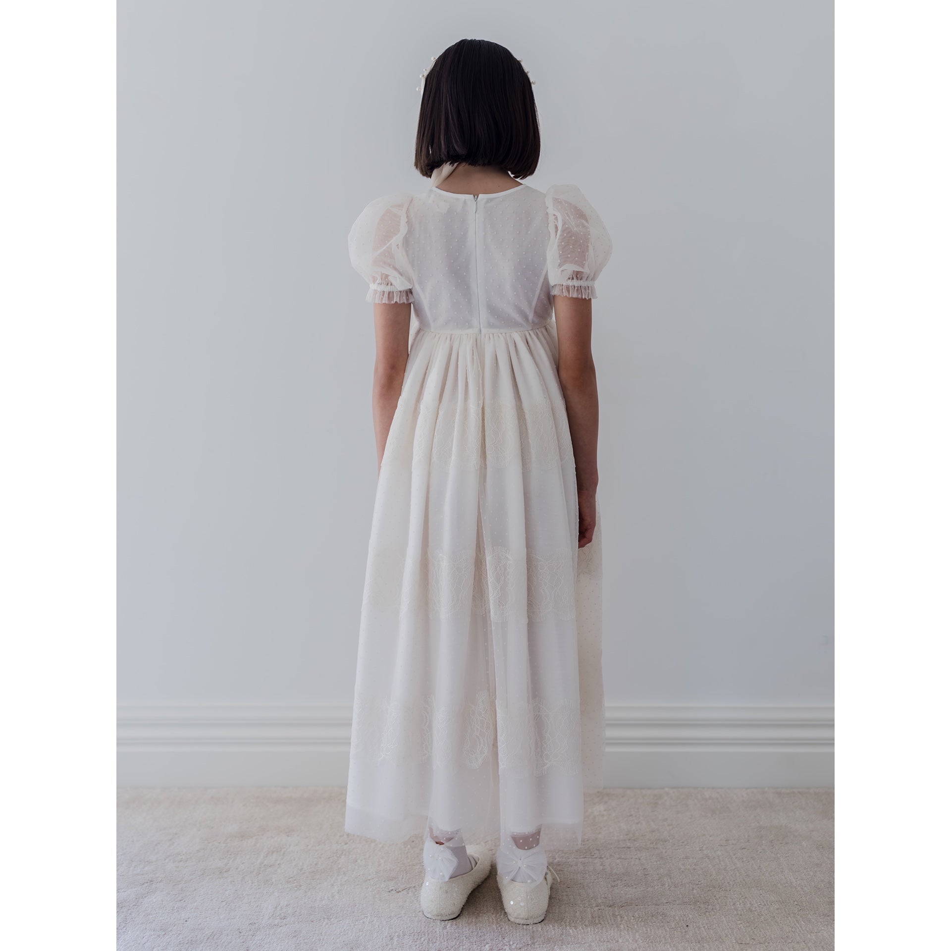 Petite Amalie Cream Flocked Spot Tulle Dress With French Lace 1433 | Buttons Bebe Petite Amalie Cream Flocked Spot Tulle Dress With French Lace 1433 | Buttons Bebe