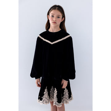 Petite Amalie Lace Hem Velvet Smock Dress - Black/Cream Lace