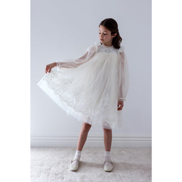 Petite Amalie Lace Applique Hem Spot Tulle Dress - Cream