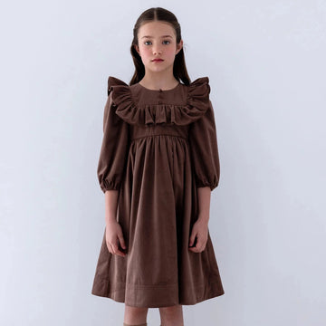 Petite Amalie Ruffle Yoke Cord Dress - Chocolate