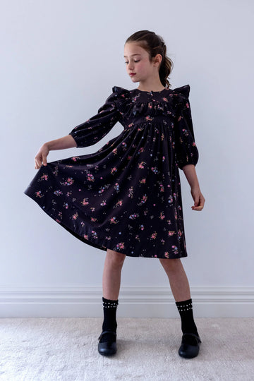 Petite Amalie Black Ditsy Ruffle Yoke Cord Dress - Black Ditsy