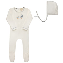 Ely's & Co Cotton Cross Stitch Duckling Collection Ivory Blue Footie + Bonnet