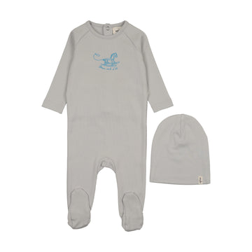 Mema Knits Horse Rocker Footie + Beanie - Gray Dawn
