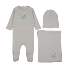 Mema Knits Horse Rocker Footie Three Piece Set - Gray Dawn