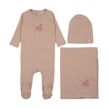 Mema Knits Horse Rocker Footie Three Piece Set - Pale Pink