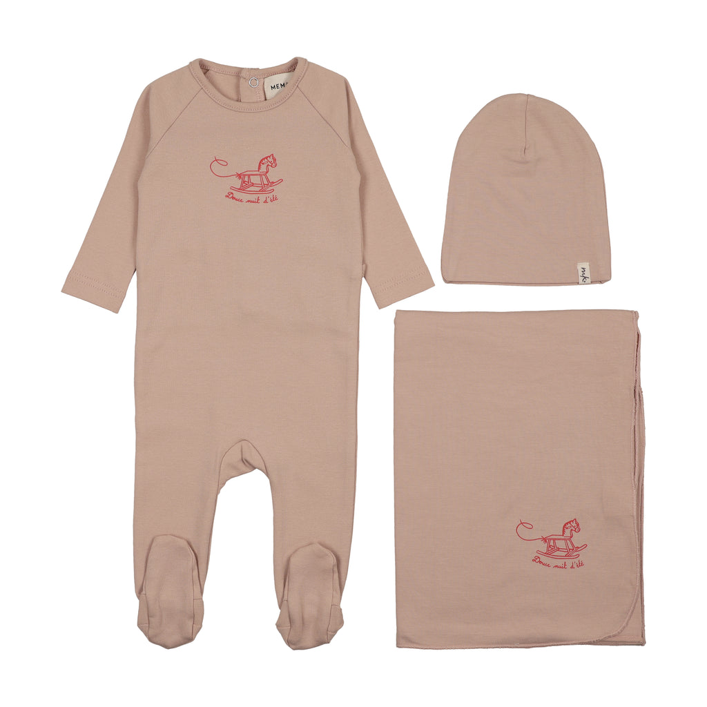 Mema Knits Horse Rocker Footie Three Piece Set - Pale Pink | Buttons Bebe