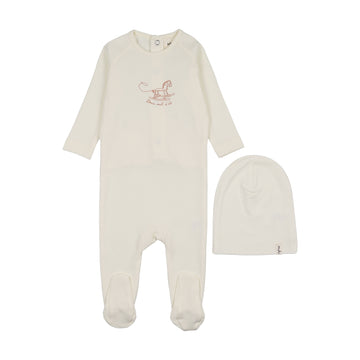 Mema Knits Horse Rocker Footie + Beanie - Ivory
