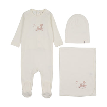 Mema Knits Horse Rocker Footie Three Piece Set - Ivory