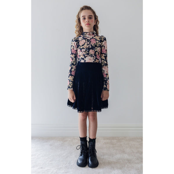 Petite Amalie Navy/Black Vertical Lace Velvet Skirt (3124)