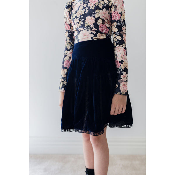 Petite Amalie Navy/Black Vertical Lace Velvet Skirt (3124)
