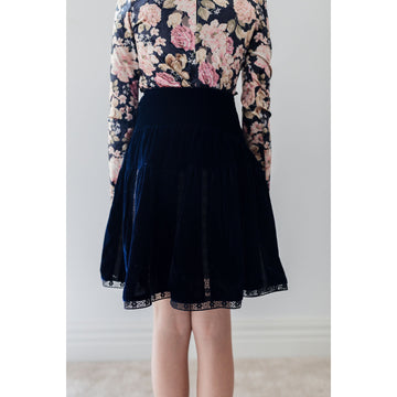 Petite Amalie Navy/Black Vertical Lace Velvet Skirt (3124)