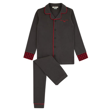 Noggi Gingham Loungewear Set - Grey - Red Trim Button Down [217022-170]