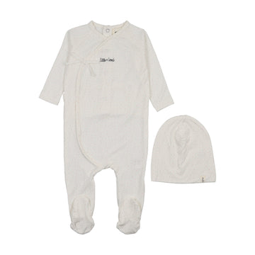 Mema Knits Mock Wrap Polka Dot Footie + Beanie - White Colored Polka Dot Print