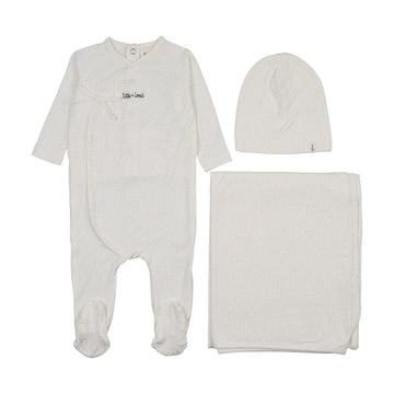 Mema Knits Mock Wrap Polka Dot Footie Three Piece Set - White Colored Polka Dot Print