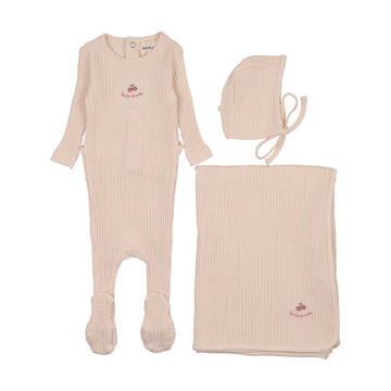 Mema Knits Embroidered Textured Footie Three Piece Set - Pink / Rose Embroidery
