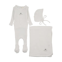 Mema Knits Embroidered Textured Footie Three Piece Set - Winter White - Mink Embroidery
