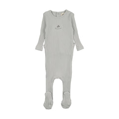 Mema Knits Embroidered Textured Footie - Gray Dawn / Blue Embroidery