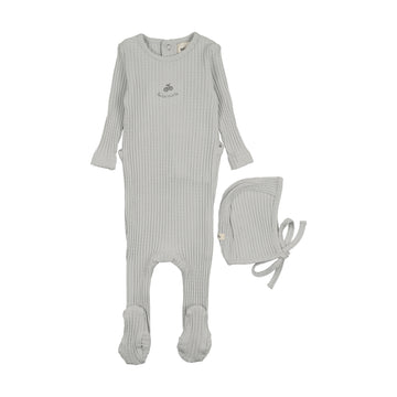 Mema Knits Embroidered Textured Footie + Bonnet - Gray Dawn / Blue Embroidery
